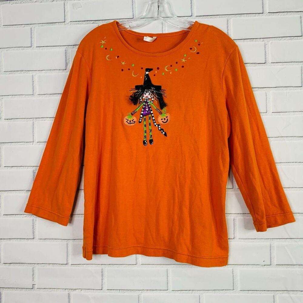 vintage Halloween embroidered top White Stag long sleeve orange cotton large